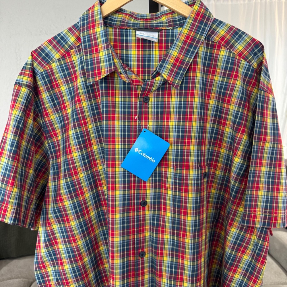 Columbia Boulder NWT Ridge Shirt XXL Plaid Short Sleeve Button Down Rainbow